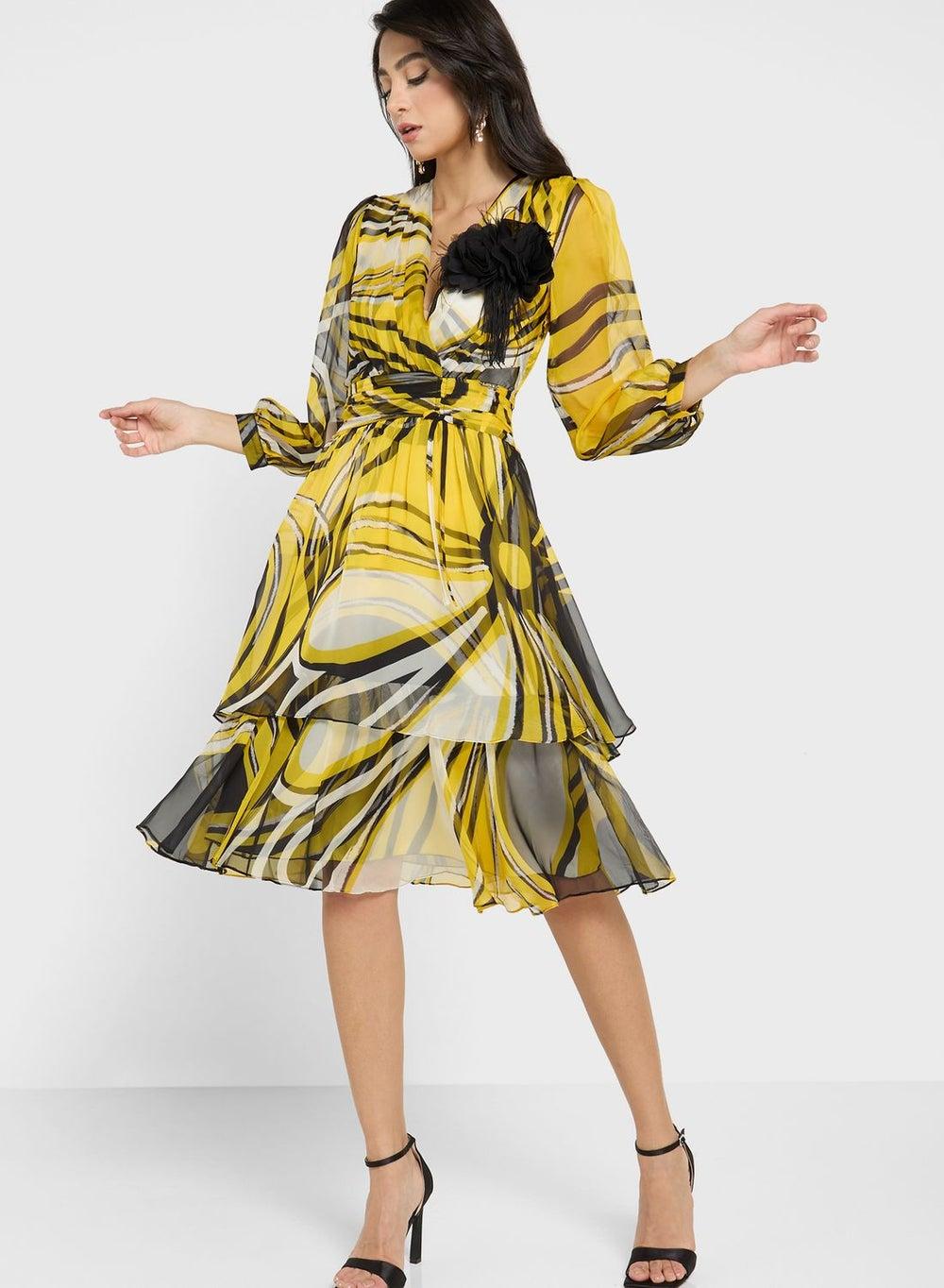 Vibrant Printed Tiered Midi Dress with Floral Accent - Image 1