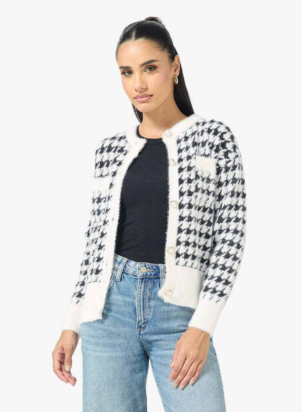Classic Monochrome Cardigan with Refined Gold Accents - Image 1