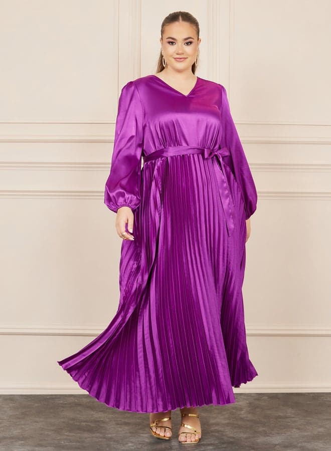 Purple Pleated Satin Midi Dress with Belt - Image 1