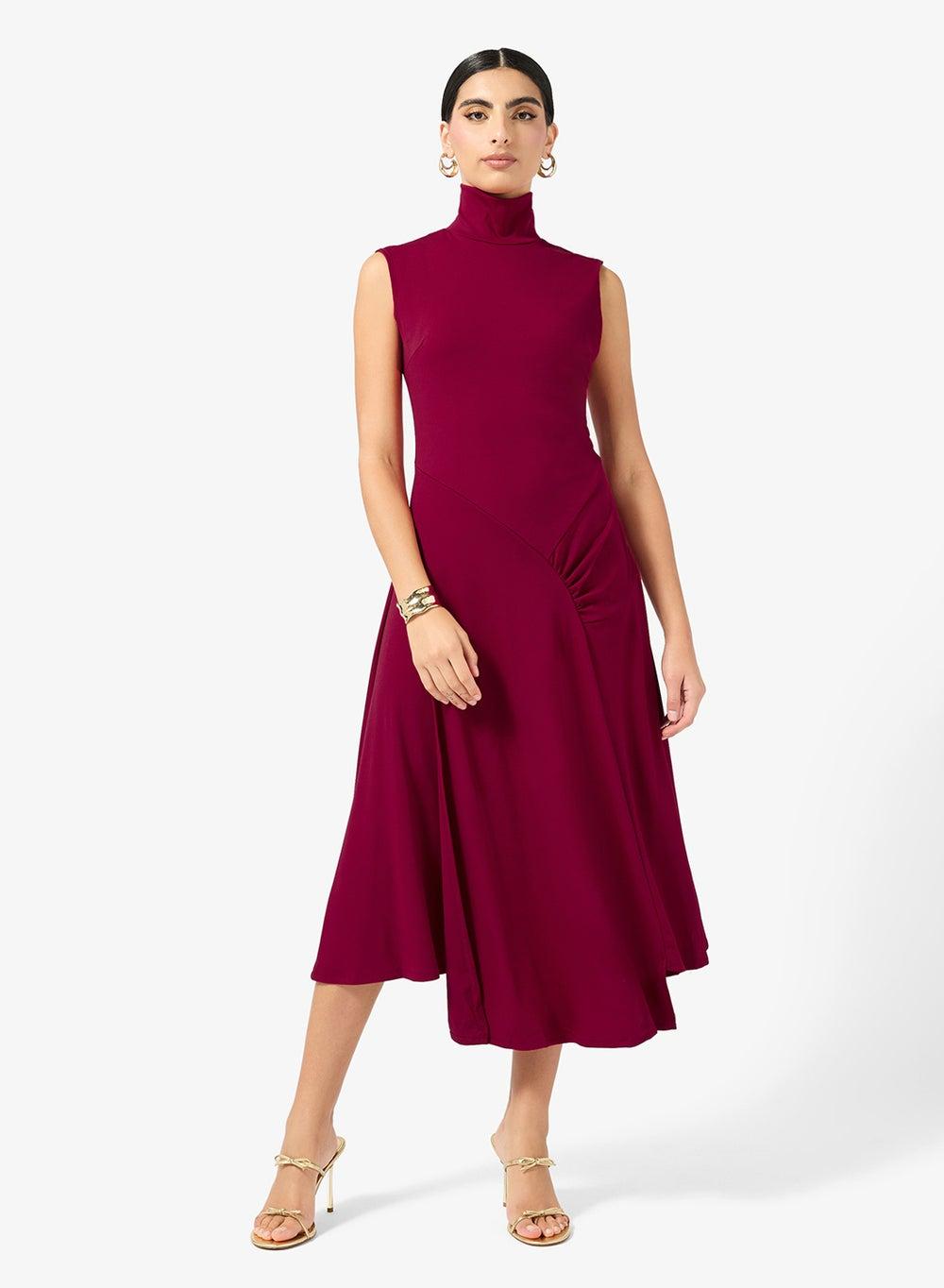 Elegant High Neck A-Line Midi Dress - Image 1
