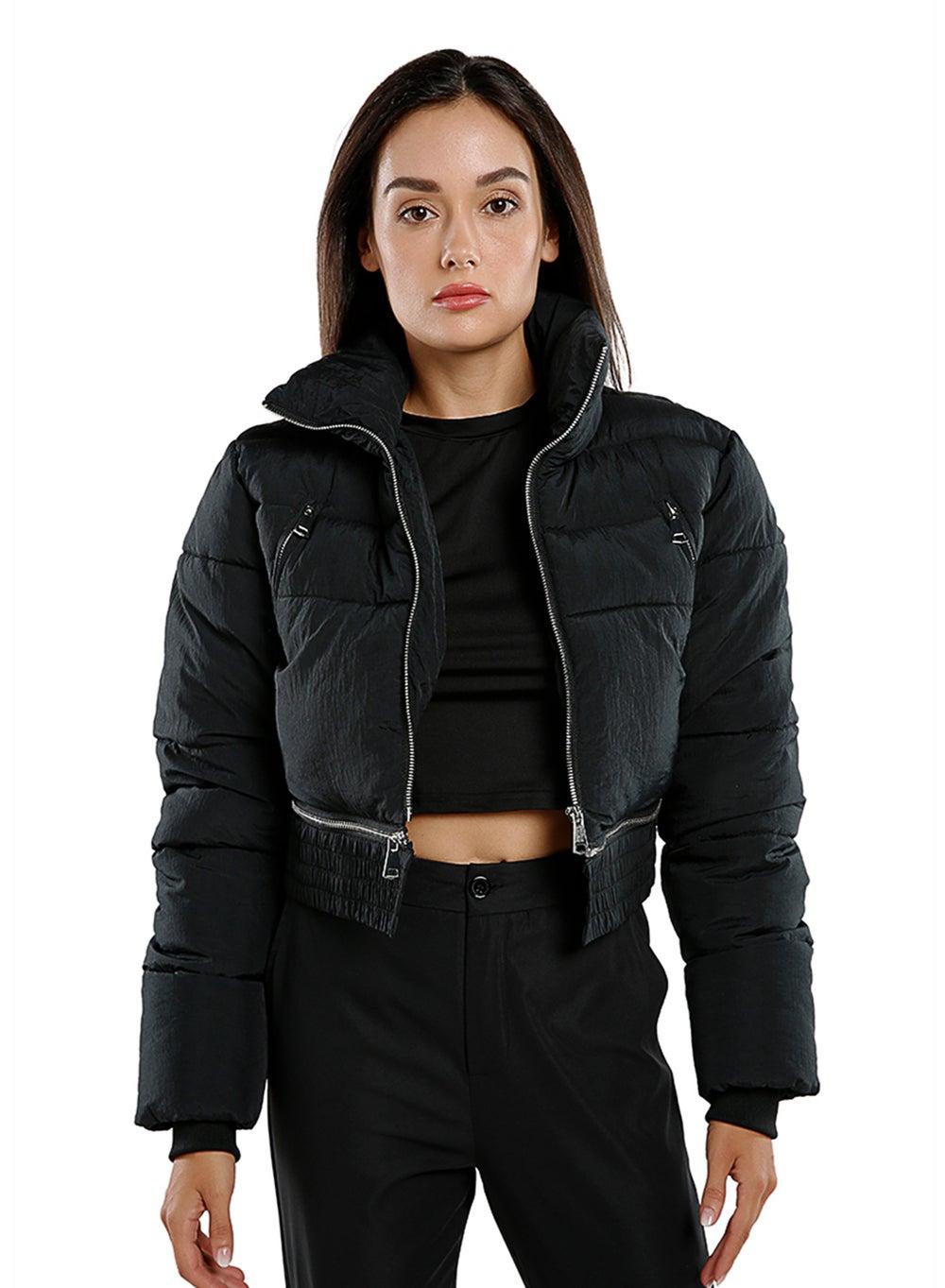 Black Cropped Detachable Turtleneck Puffer Jacket - Image 1
