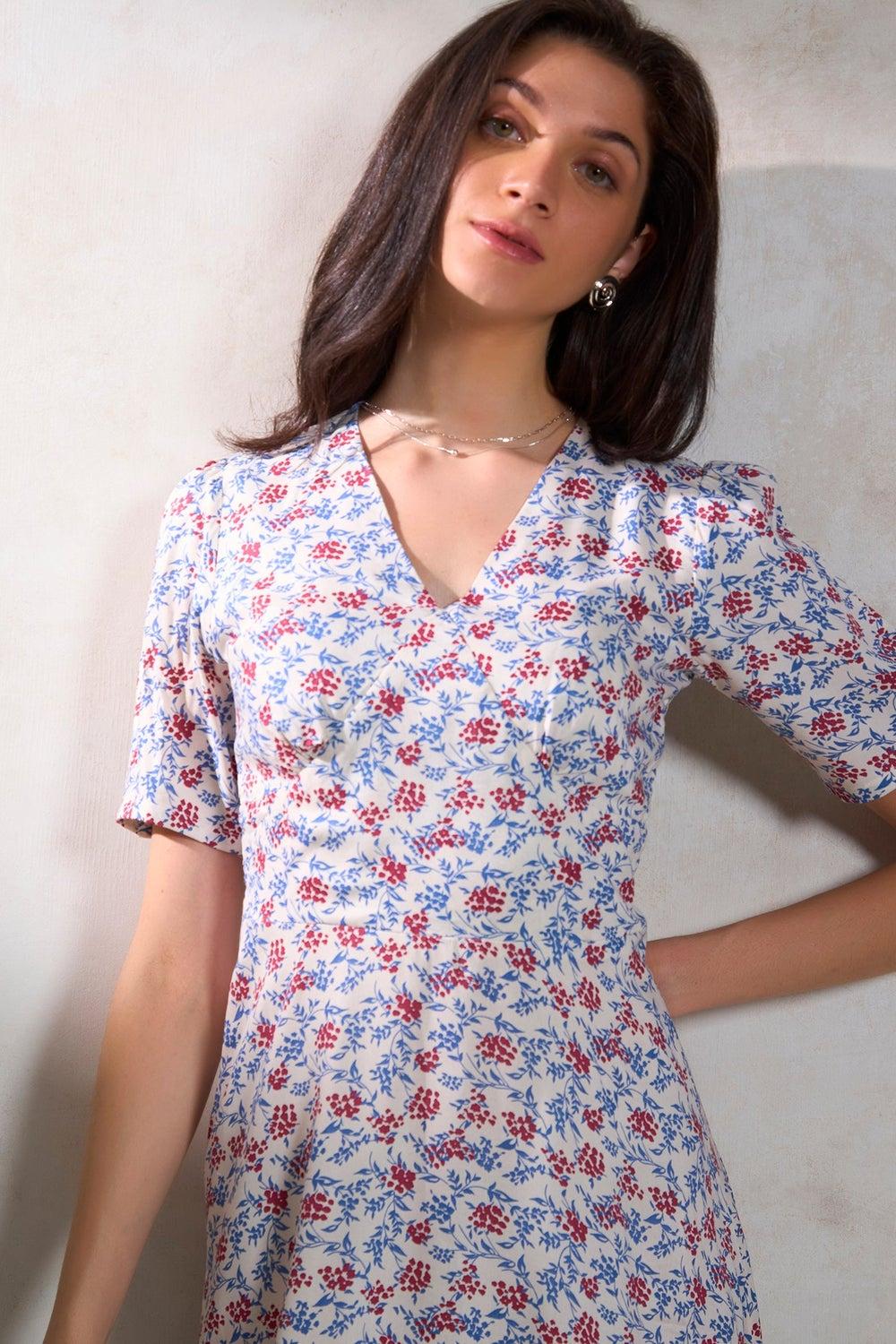 Red & Blue Floral Print V-Neck Midi Dress - Image 1