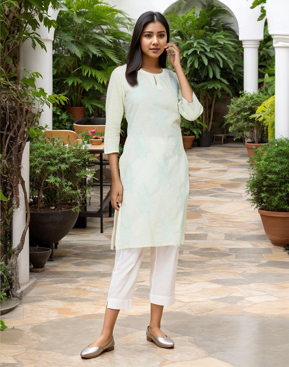 Green Cotton Chikankari Knee-Length Kurta - Image 1