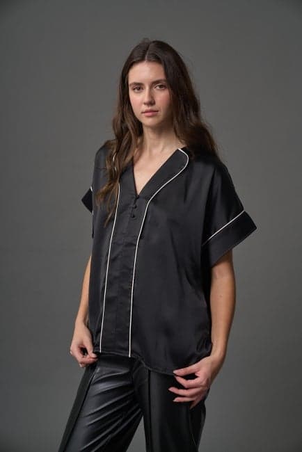 Black Satin Piping Shirt – Elegant Modest Top - Image 1