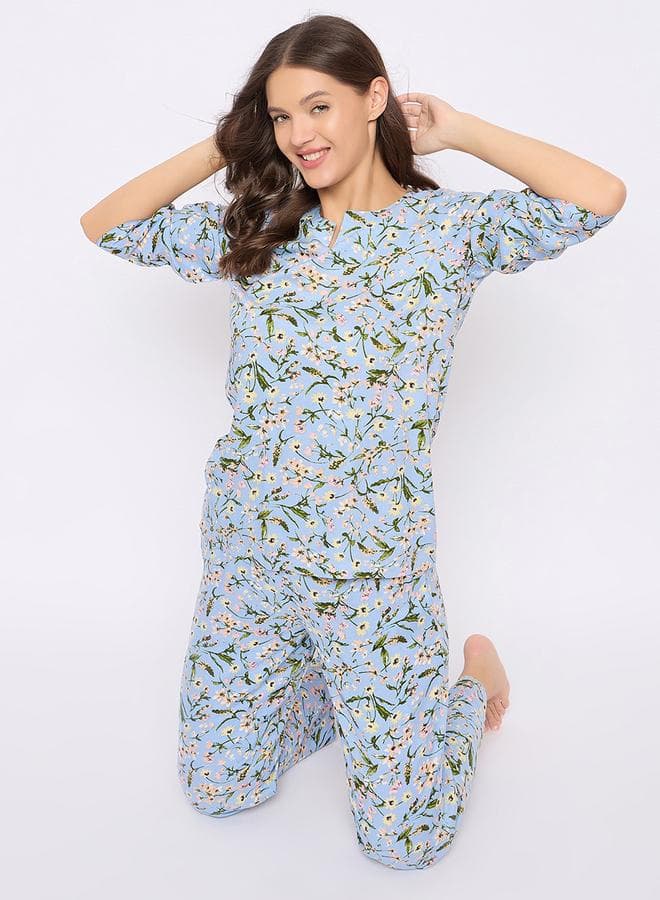 Clovia Floral Notch Neck Pyjama Set - Image 1