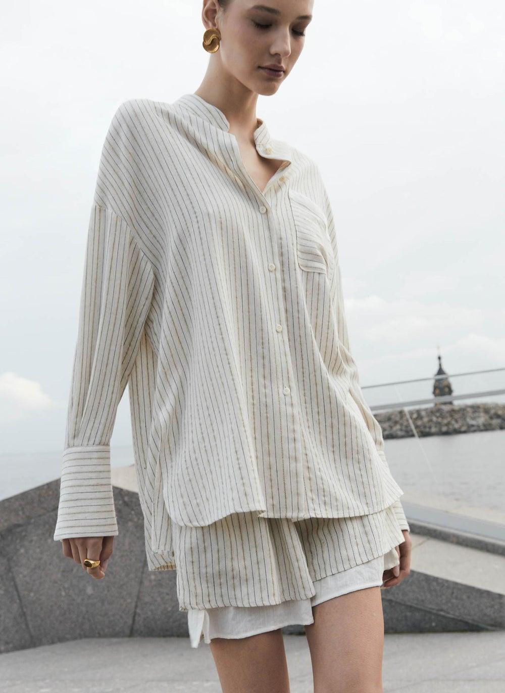 Striped Linen Loose Shirt with High Collar - Image 1