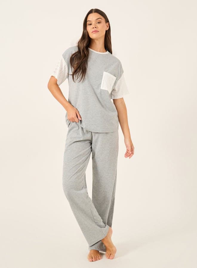 Schiffli Sleeve Round Neck Pyjama Set - Image 1