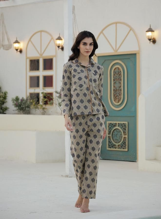 Sanskrutihomes Printed Long Sleeve Buttoned Pyjama Set - Image 1