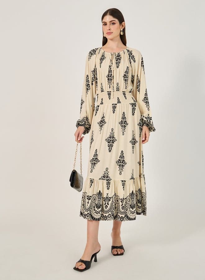 Cream Printed Peasant Midi Dress with Ruffled Hem - Image 1