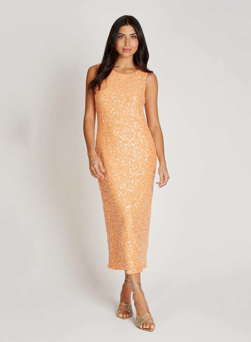 Peach Sequin Midi Dress – Sleek Bodycon Glow - Image 1