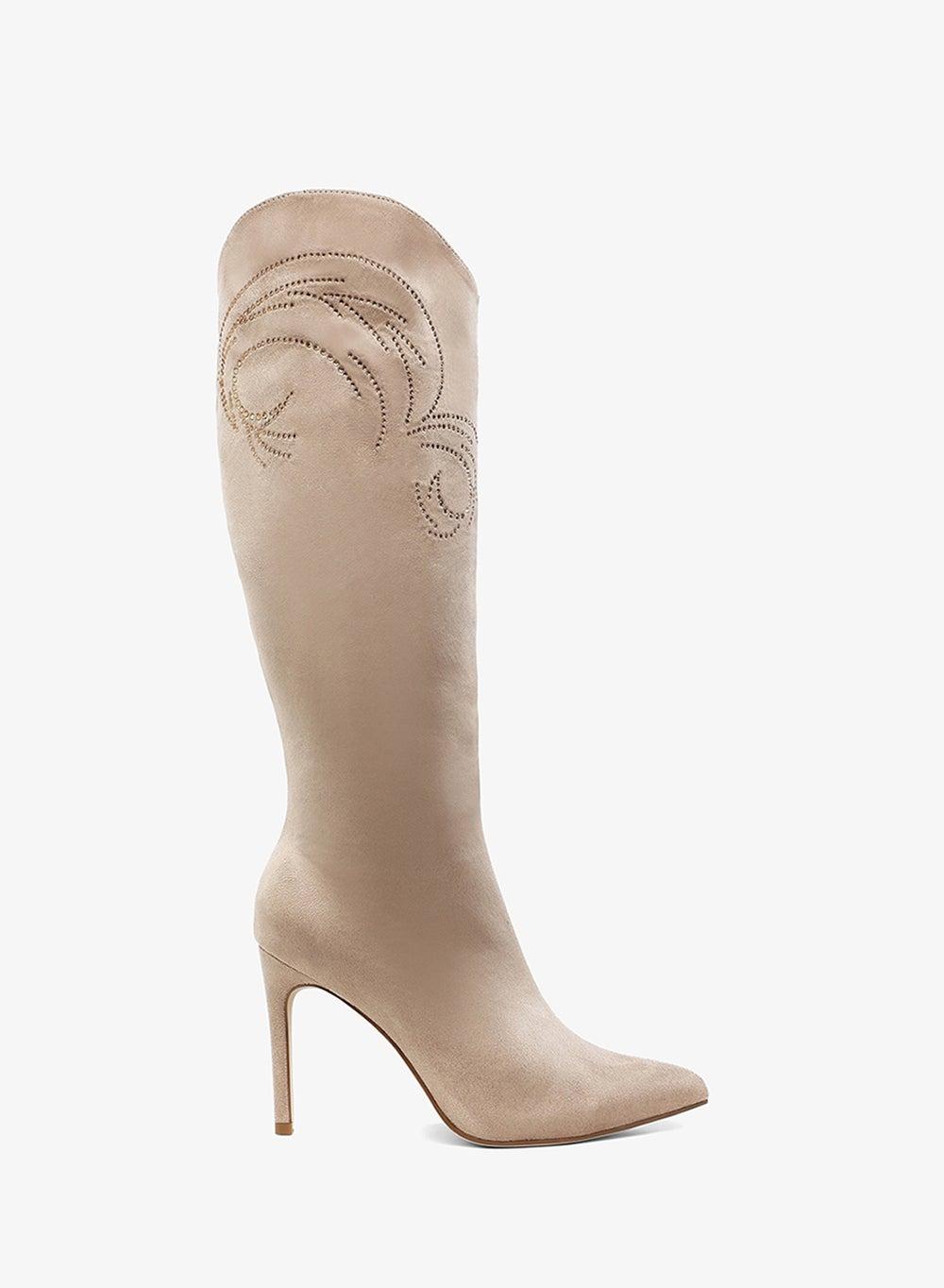 Beige Rhinestone Calf Boots with Stiletto Heel - Image 1