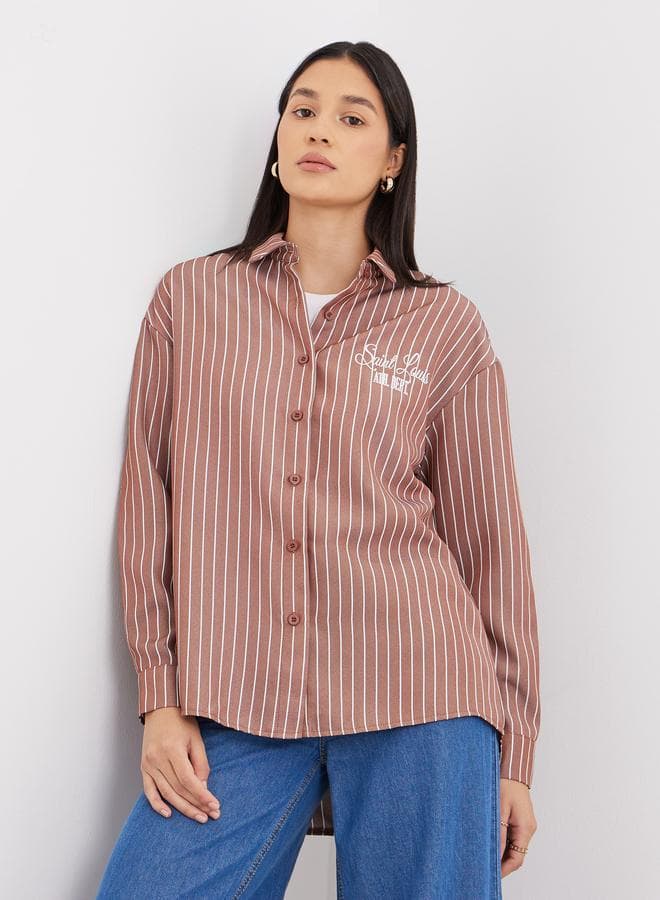 Styli Brown Embroidered Striped Oversized Shirt - Image 1