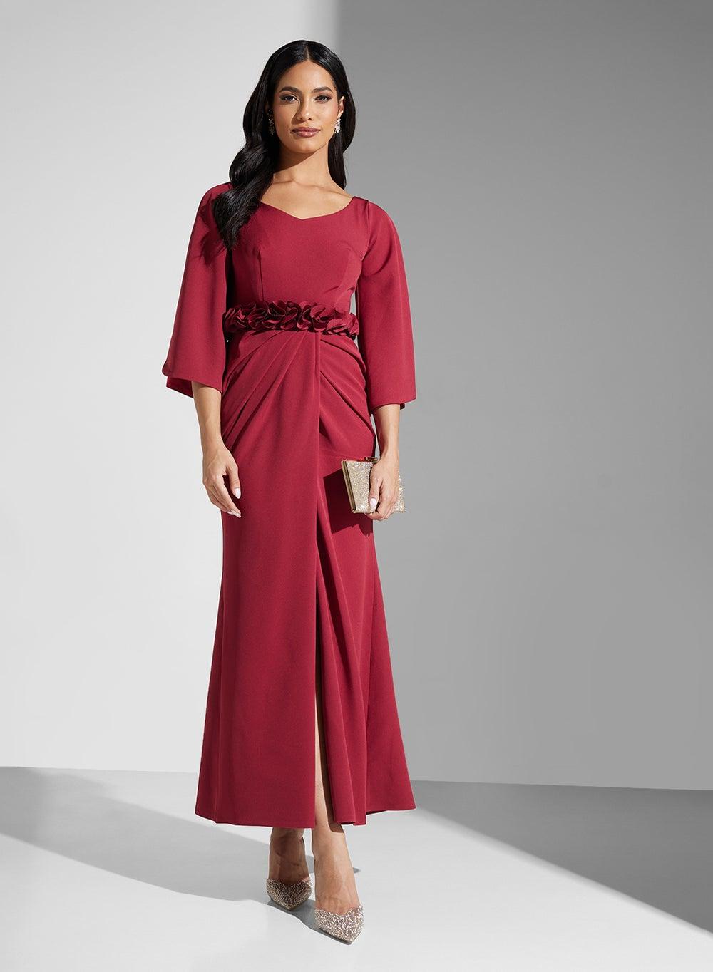 Floral Waist Slit Red Maxi Dress - Image 1