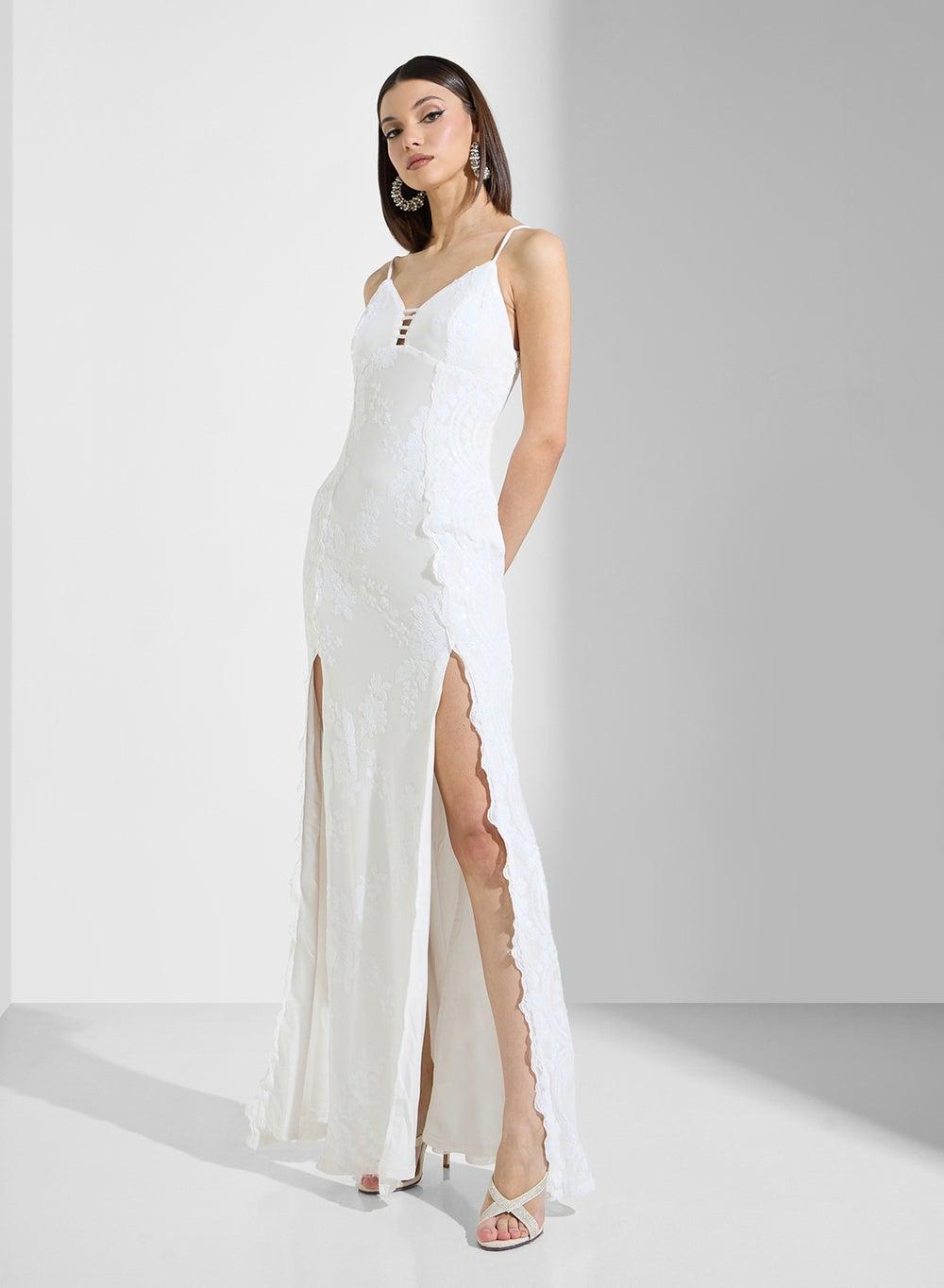 Lace Overlay Maxi Dress with Double Side Slits - Image 1