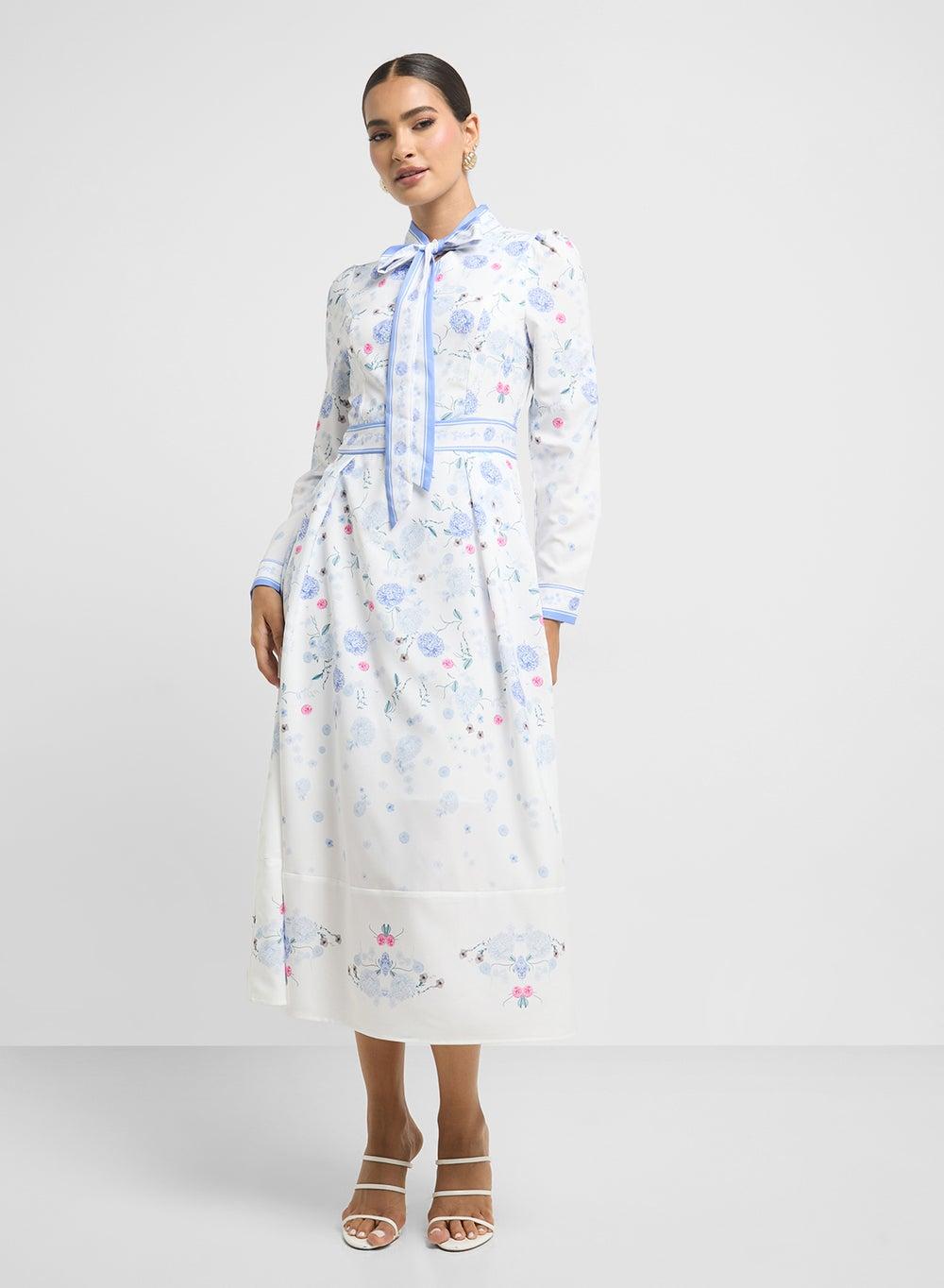 Floral Tie-Neck Midi Dress with Blue Trim - Image 1