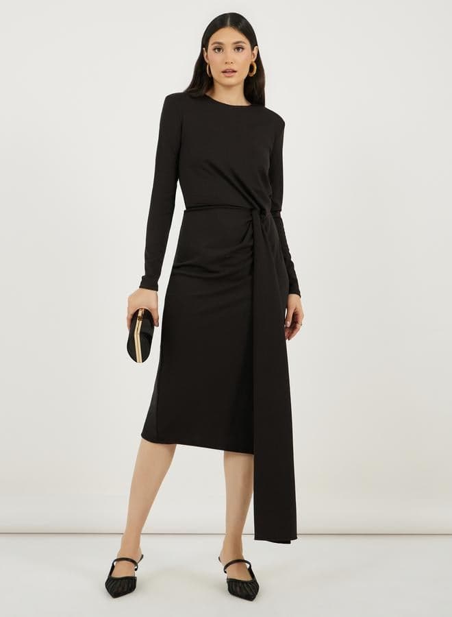 Solid Long Sleeve Sheath Midi Dress with Self Tie - Image 1