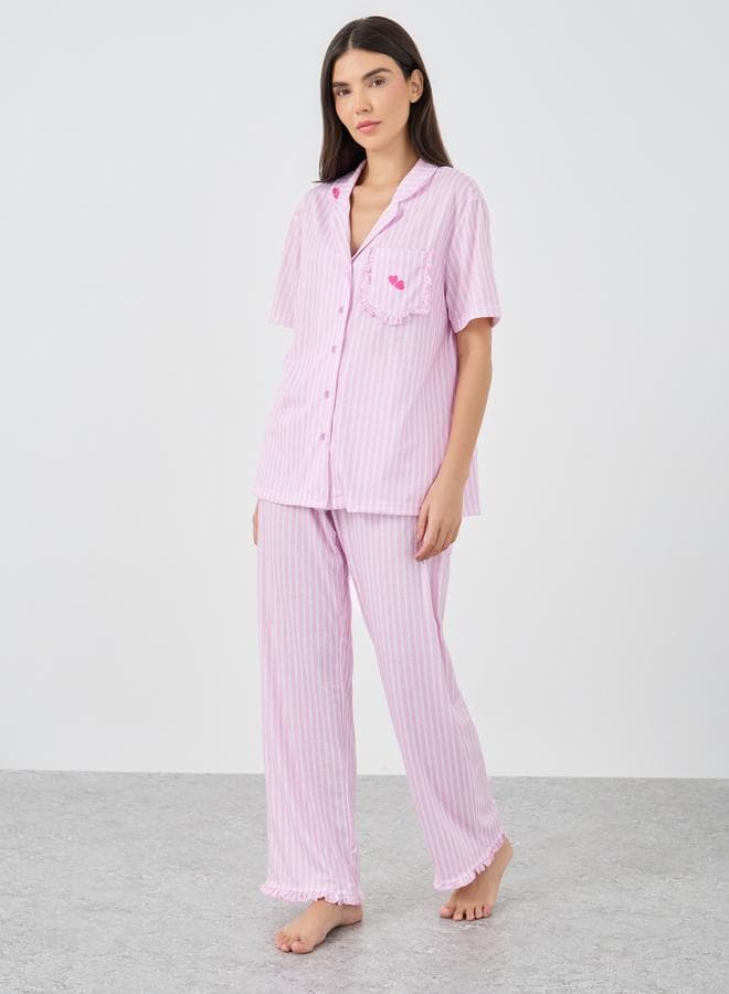 Striped Heart Ruffle Pocket Long Pyjama Set - Image 1
