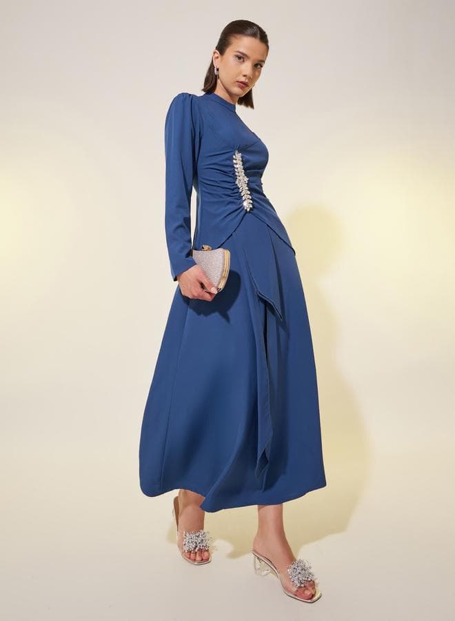 Blue Draped A-Line Midi Dress with Sparkling Embellishments - Image 1