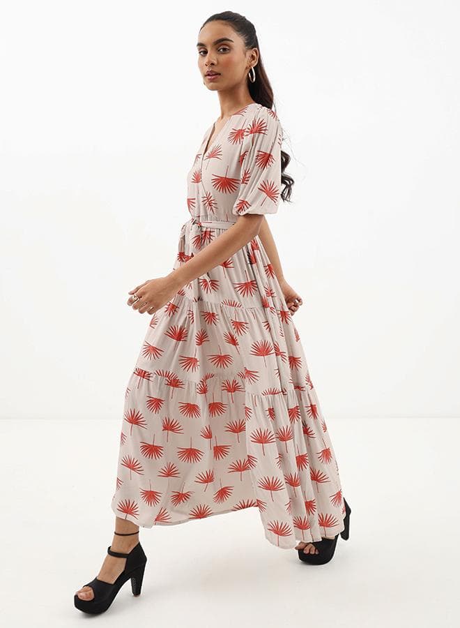 Floral Tiered Maxi Dress with V-Neck and Tie Waist - Image 1
