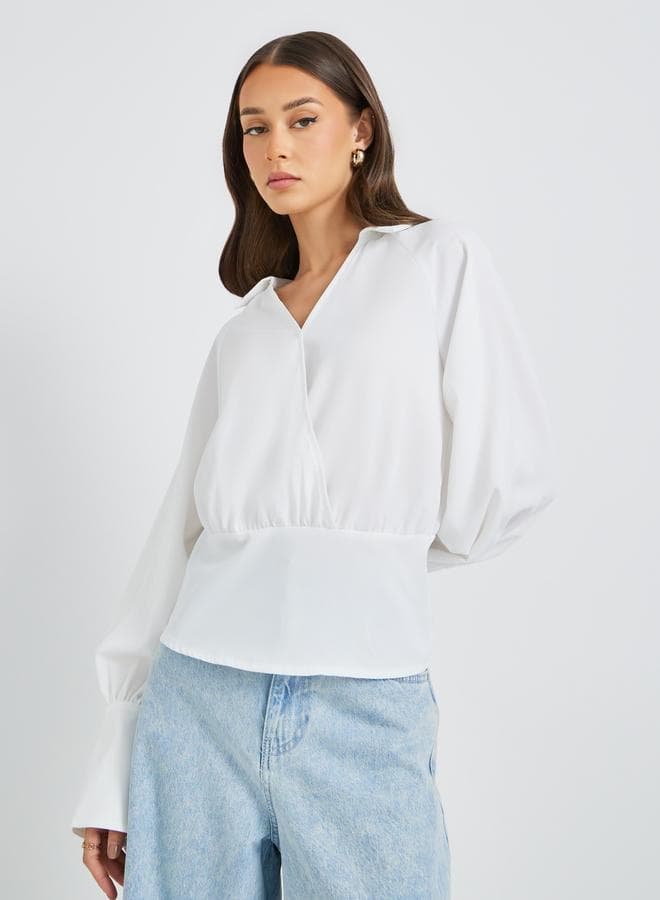 Cuffed Long Sleeve Collared Wrap Blouse - Image 1