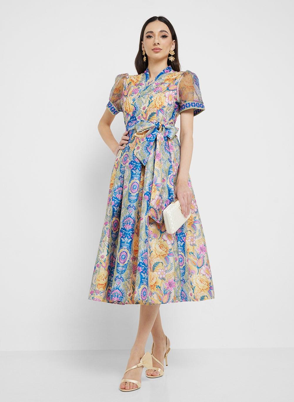 Blue Floral Print Midi Dress with Sheer Puff Sleeves - Image 1