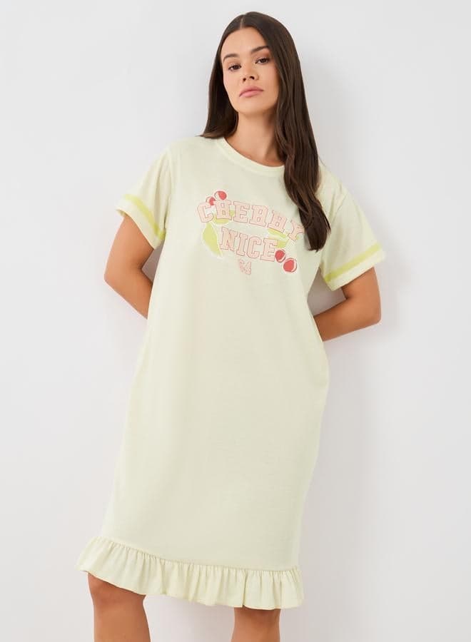 Styli Slogan Print Ruffled Hem Nightdress - Image 1