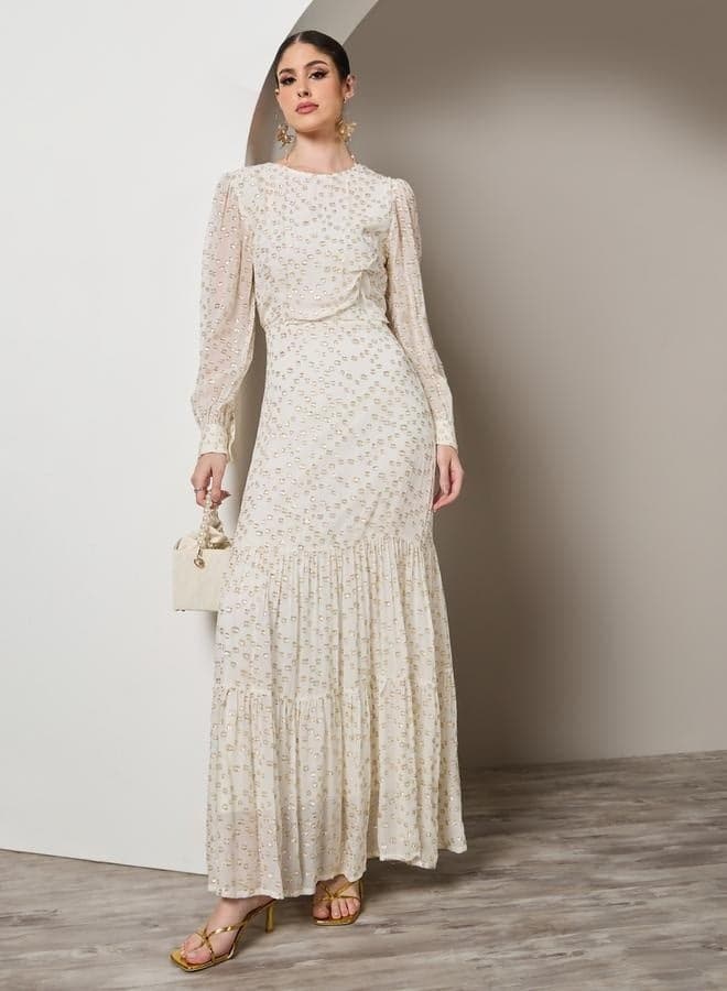 Textured Dobby Balloon Sleeve Tiered Maxi Dress - Image 1