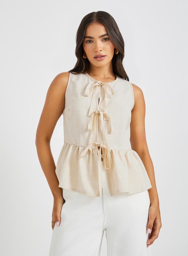Checked Sleeveless Top with Tie-Up Detail - Image 1