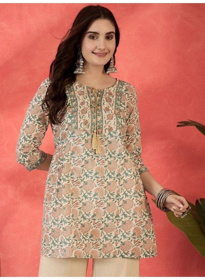 Off White Floral Print Tunic with Button Neckline - Image 1