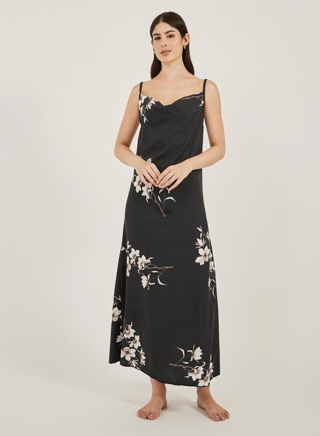 Floral Print Cowl Neck Satin Slip Dress - Image 1
