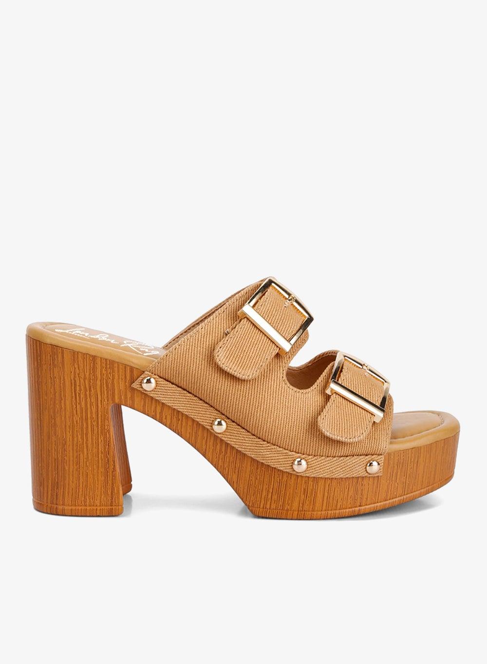Tan Buckle Strap High Block Heel Clogs - Image 1