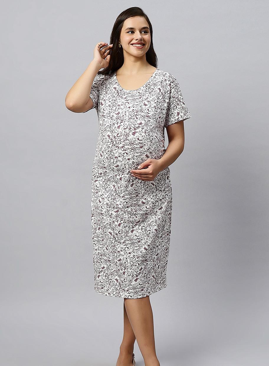 Floral Maternity Midi Dress with Scoop Neck - Image 1