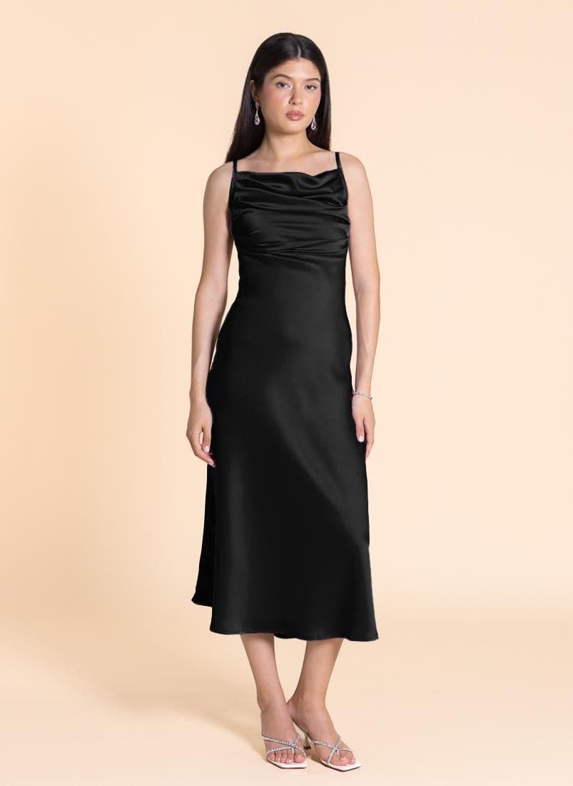 Black Satin Cowl Neck Midi Dress - Image 1