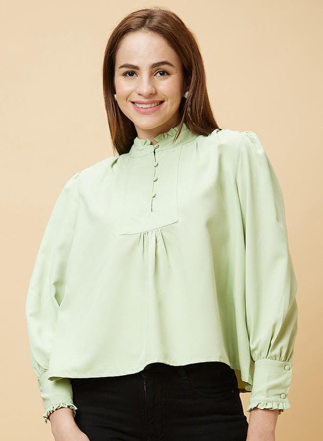 Mandarin Collar Cuffed Sleeve Buttoned Blouse - Image 1