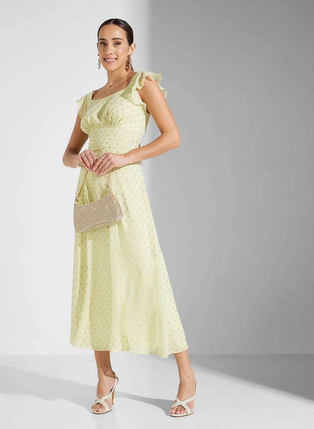 Light Yellow Ruffled Sleeve Midi Dress - Image 1