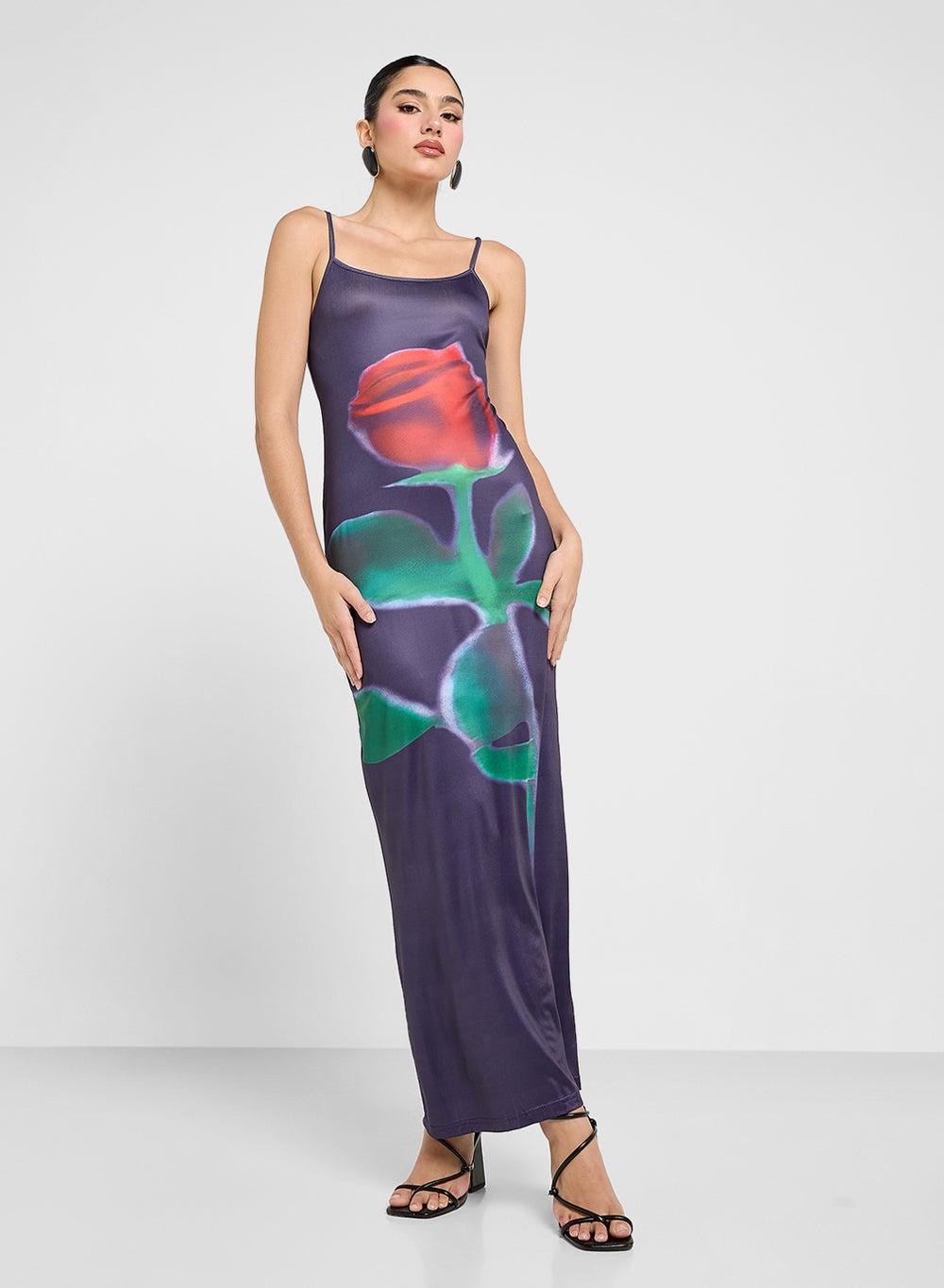 Rose Print Maxi Dress in Soft Purple - Image 1