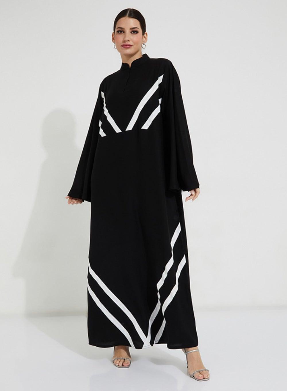 White Line Embellished Abaya with Wide Sleeves - Image 1