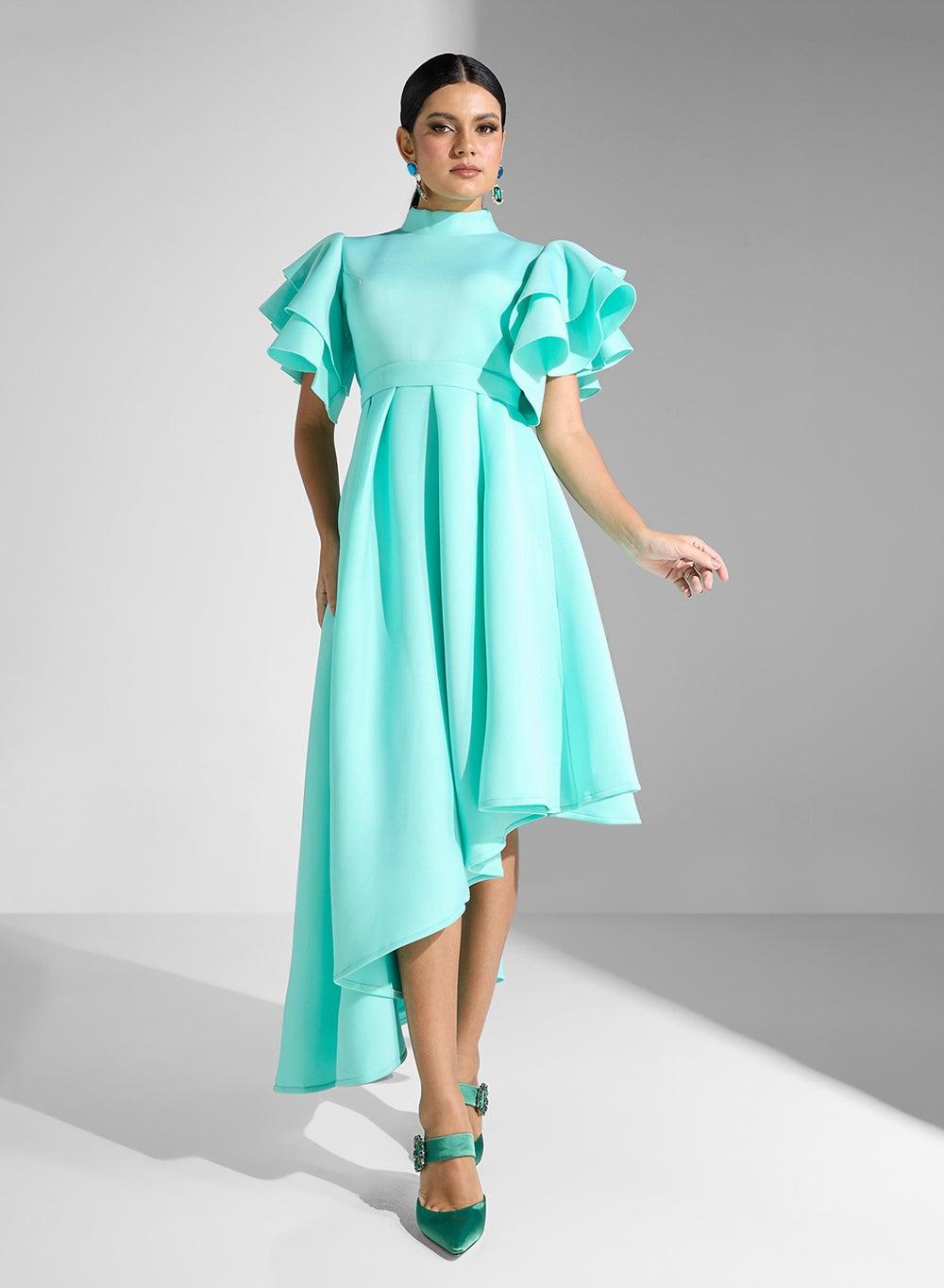 Ruffled Asymmetric Mock Neck Dress - Image 1