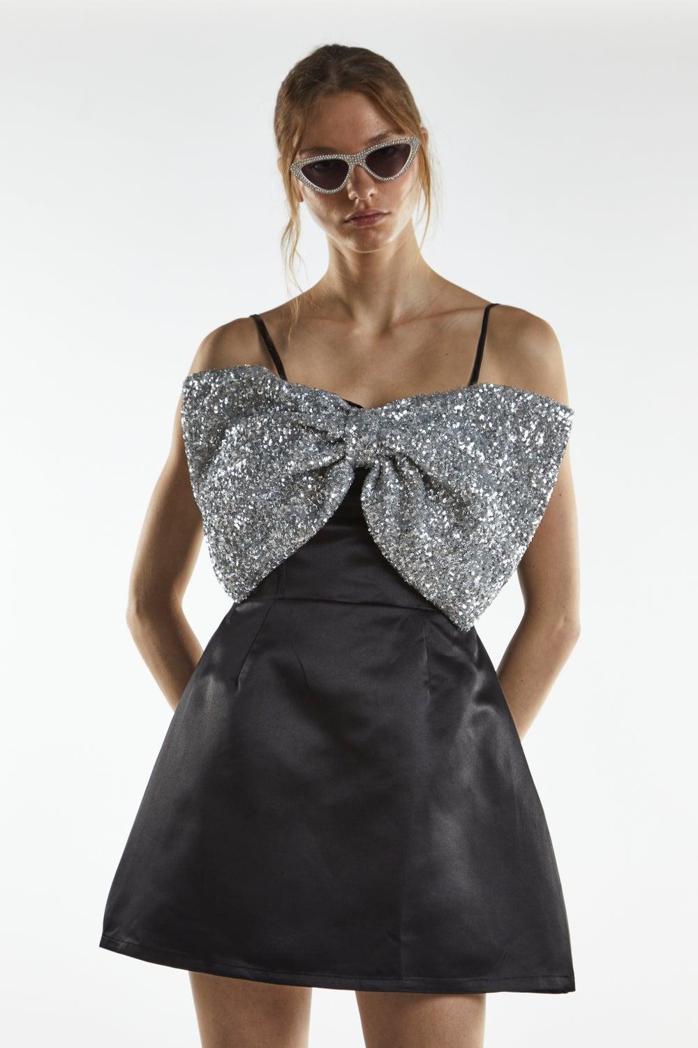 Black Silver Addison Sequin Bow Mini Dress - Image 1