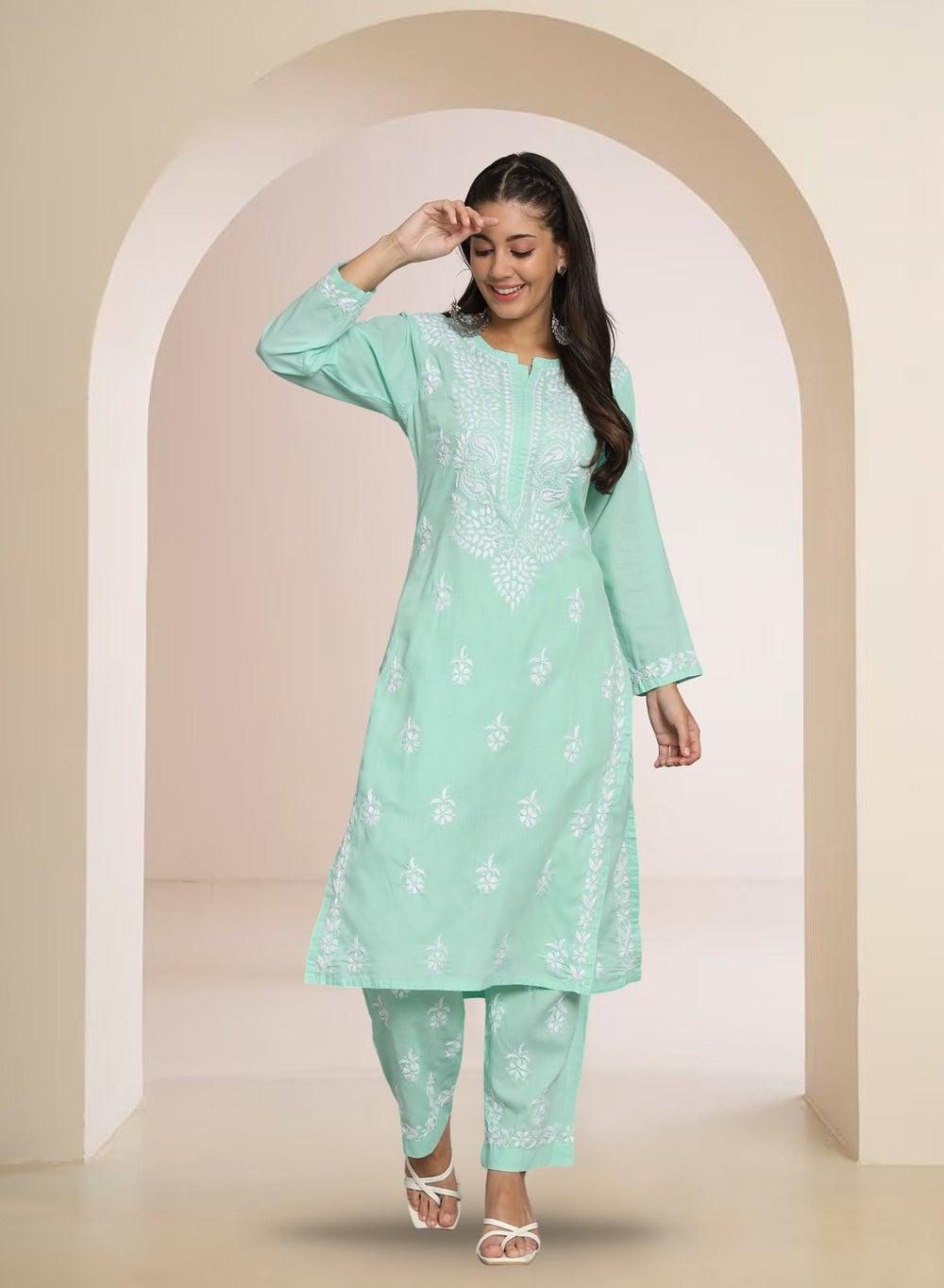 Hand Embroidered Chikankari Cotton Kurta Set AL3674KS - Image 1