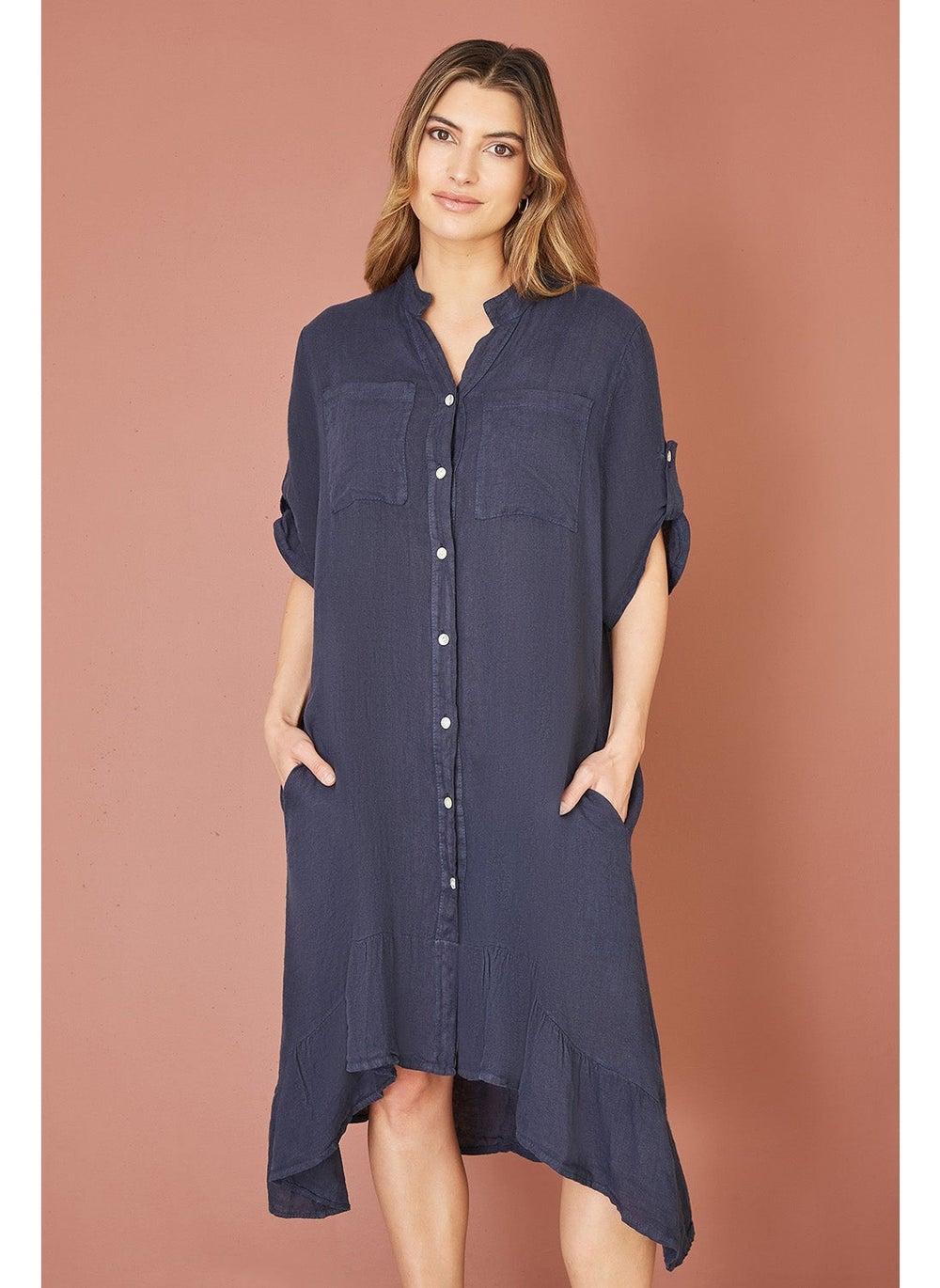 Italian Linen Shirt Dress With Frill Hem - Image 1