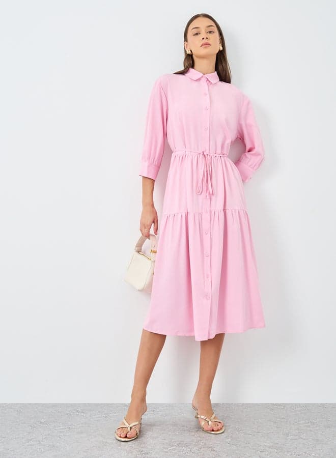 Styli Pink Tiered Midi Dress with Button-Down Collar - Image 1