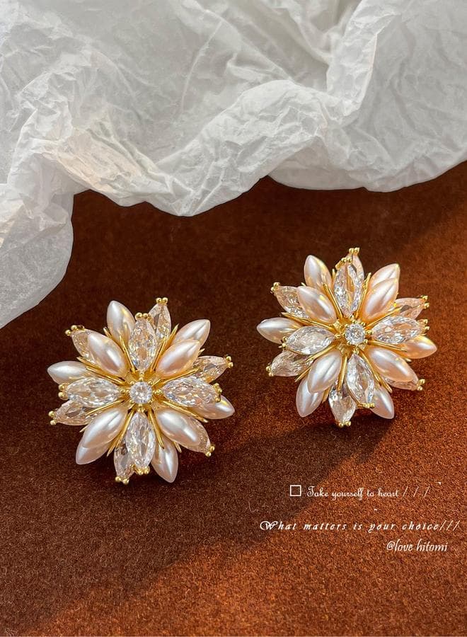 Take Two Floral Decor Faux Pearl Stud Earrings - Image 1