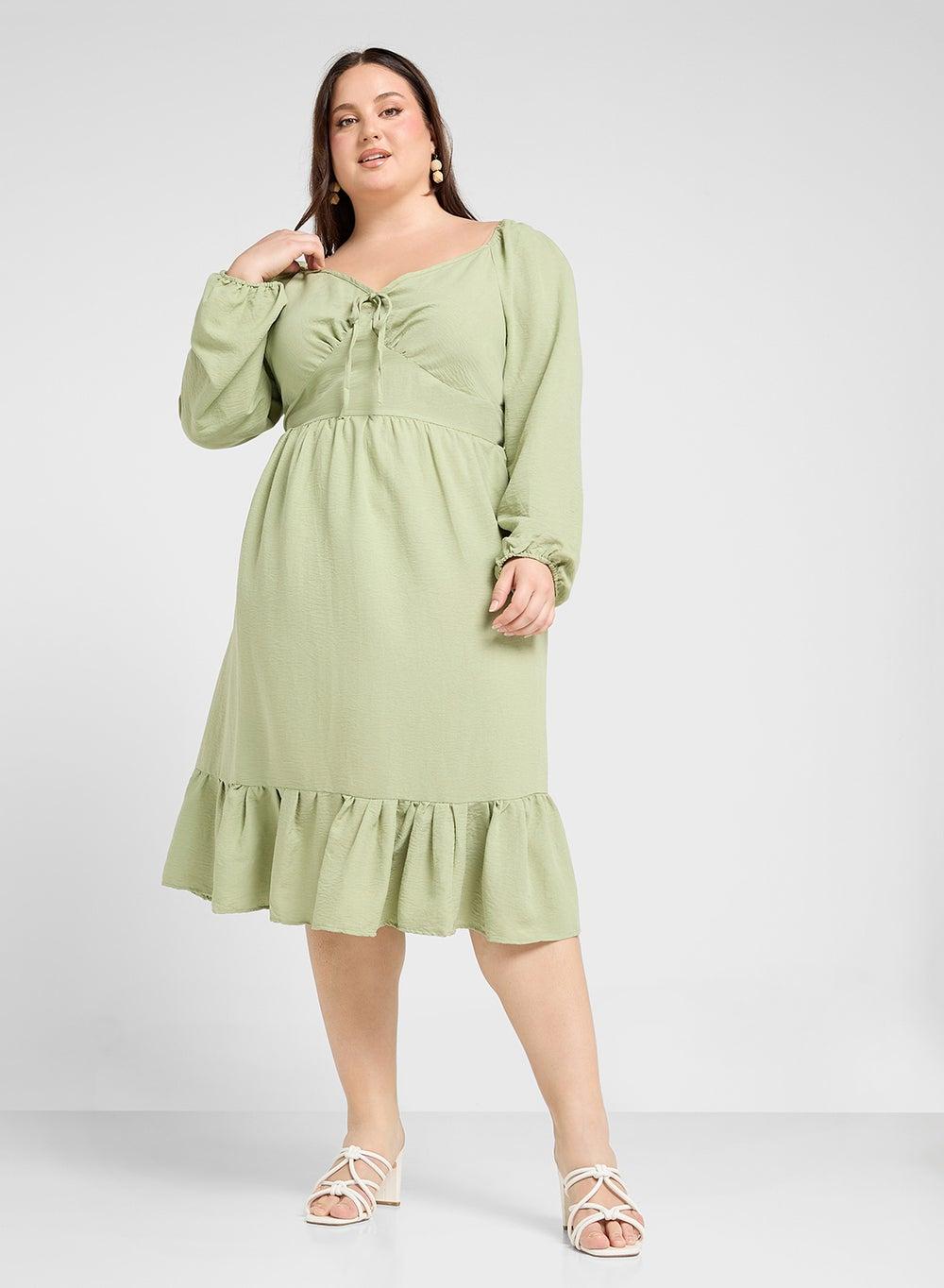 Sage Green Ruffled A-Line Midi Dress - Image 1