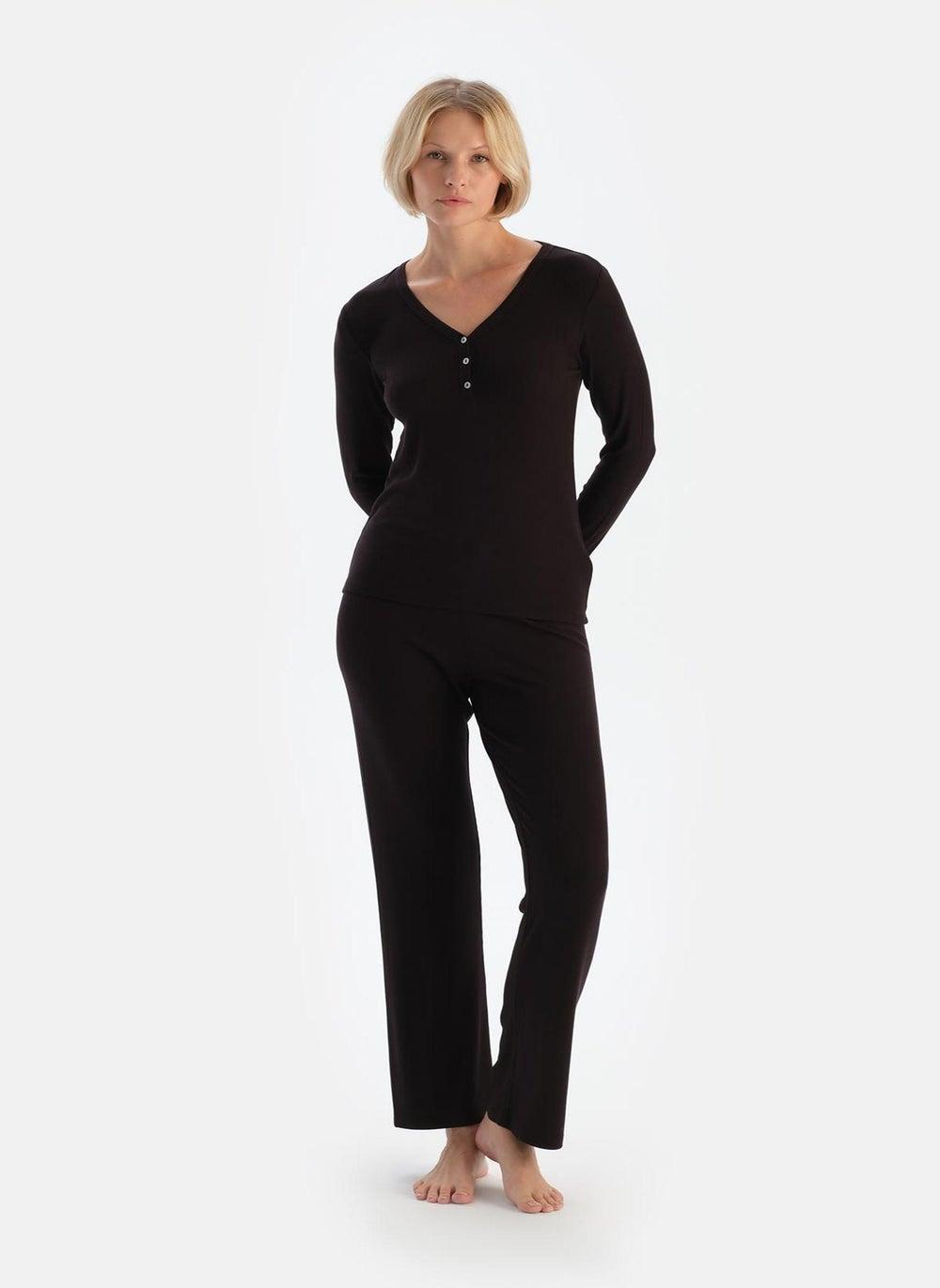 Brown V Neck Viscose Long Pajama Set for Women - Image 1