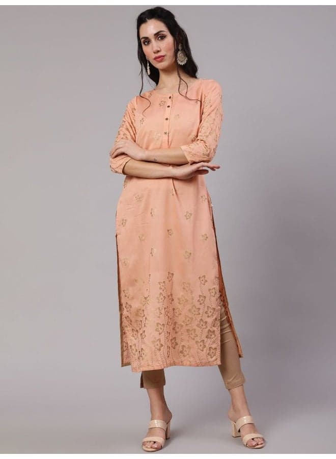 Peach Foil Printed Button-Down Kurta - Image 1