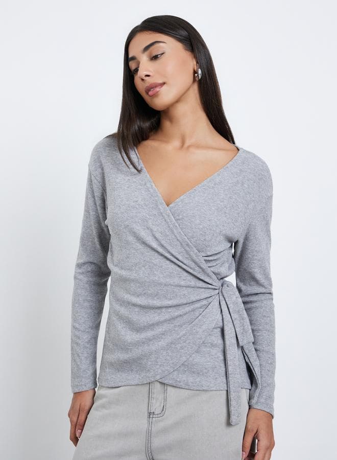 Styli Grey Long Sleeve Wrap Knit Top - Image 1