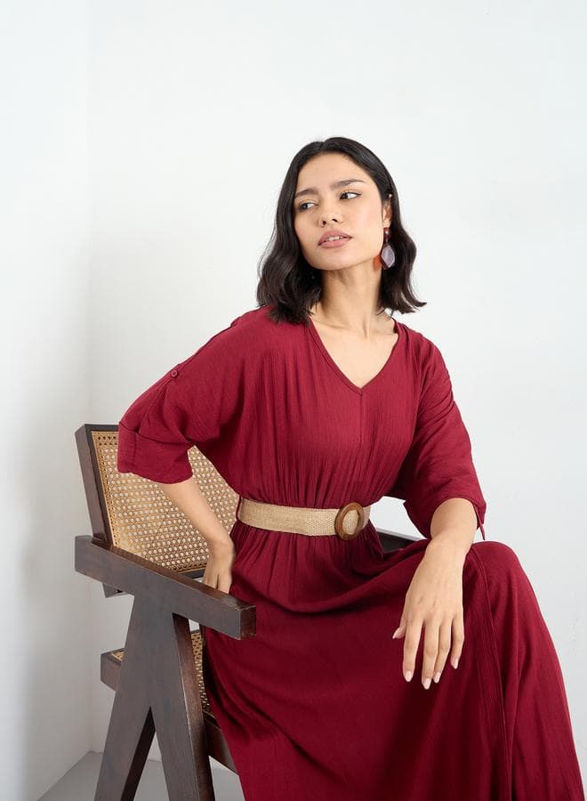Styli Burgundy Belted Maxi Dress - Image 1