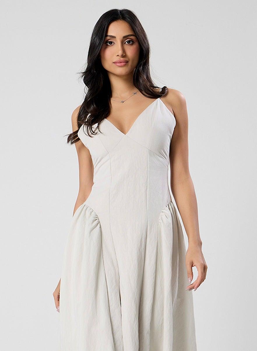 Deep V-Neck Beige Maxi Dress - Image 1