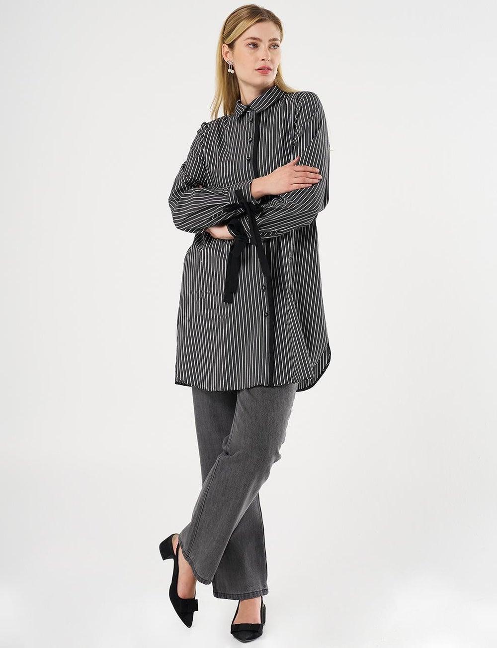 Black Striped Drawstring Tunic with Shirt Collar - Image 1